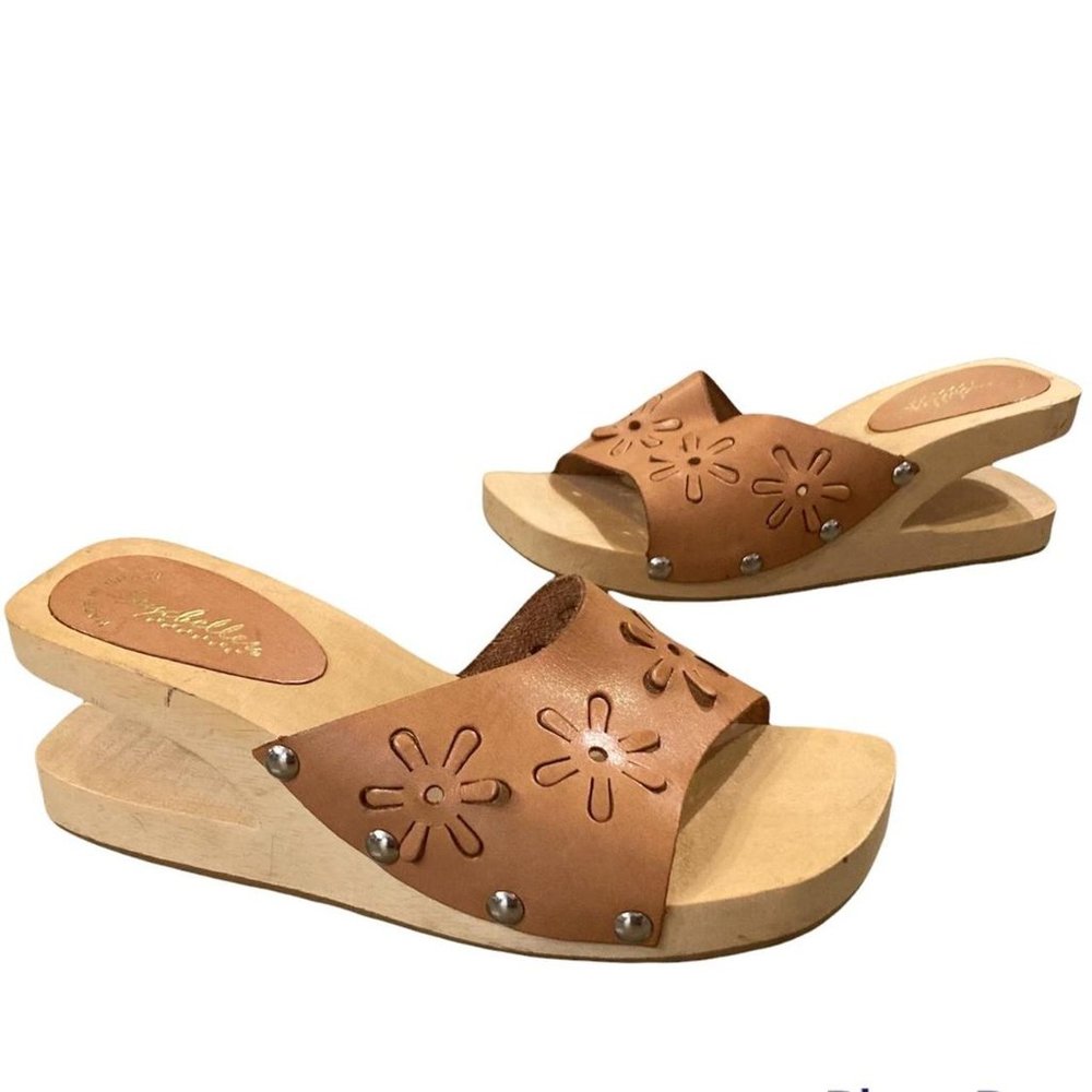 Adorable vintage 90s dead stock wood heel sandals with a brown leather strap
